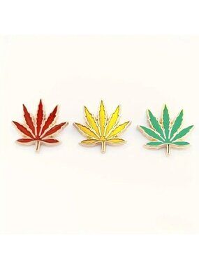 LEAF PIN Set of 3 Charm Bag Metal Enamel Boho Raggae Style Ganja Maple Mary Jane